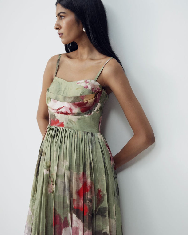 Roos Long Dress silk by YAM in green color for women Worldwide