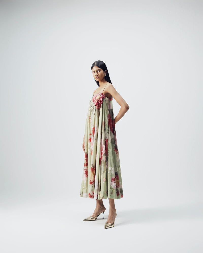 Roos Patchwork Dress satin by YAM in green color for women Worldwide