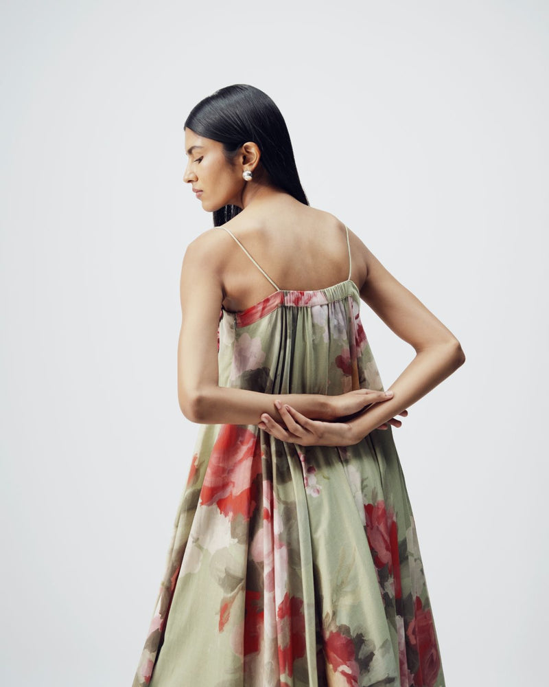 Roos Patchwork Dress satin by YAM in green color for women Worldwide