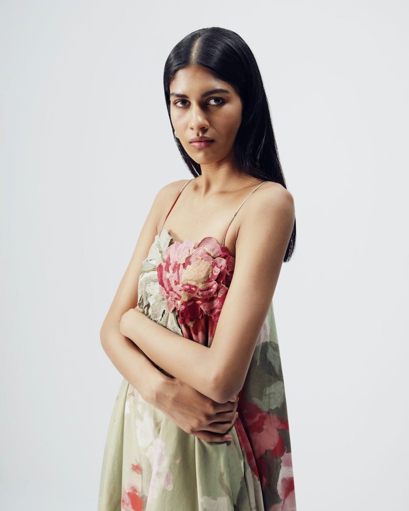 Roos Patchwork Dress satin by YAM in green color for women Worldwide