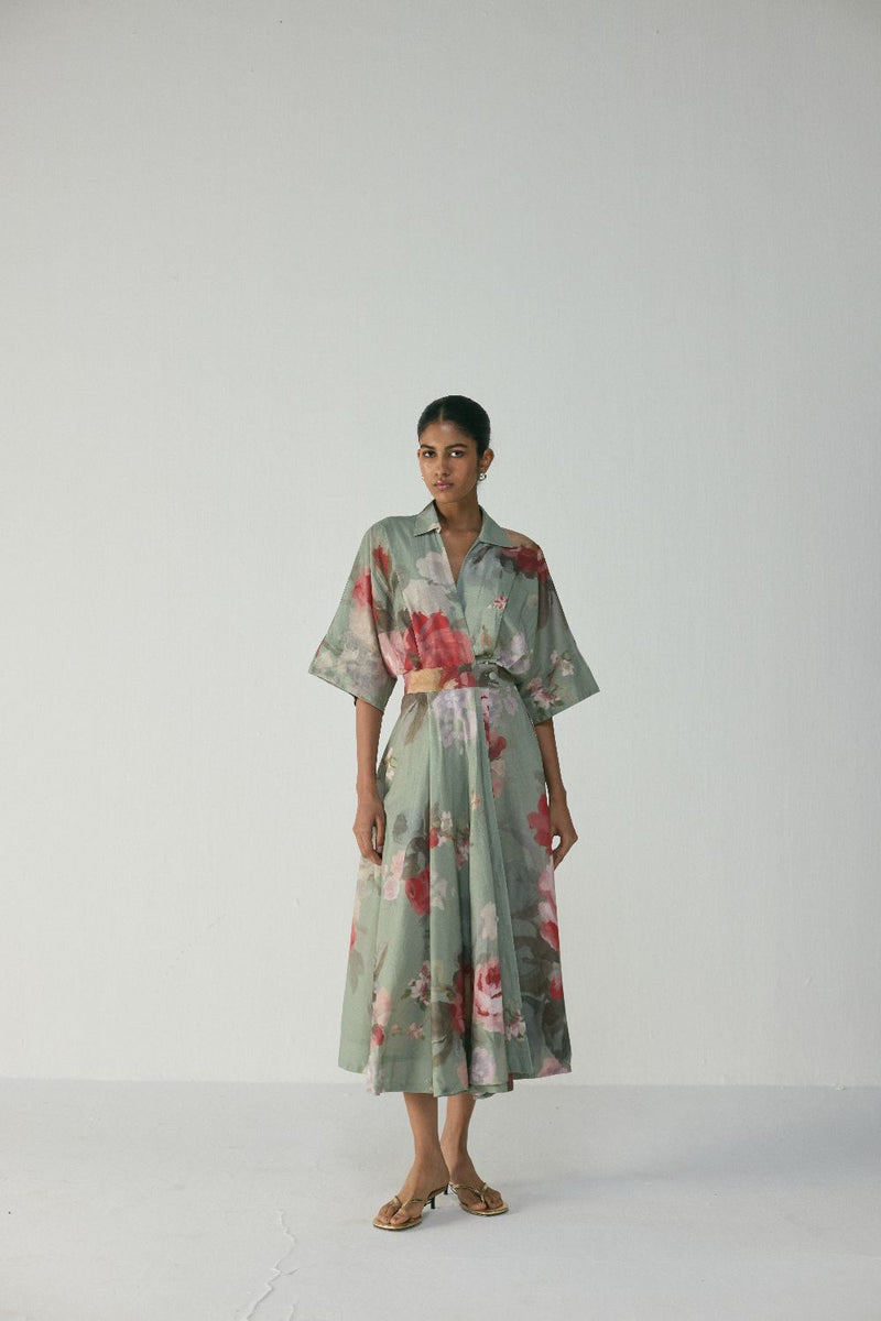 Roos Shirt Dress poplin by YAM in green color for women Worldwide