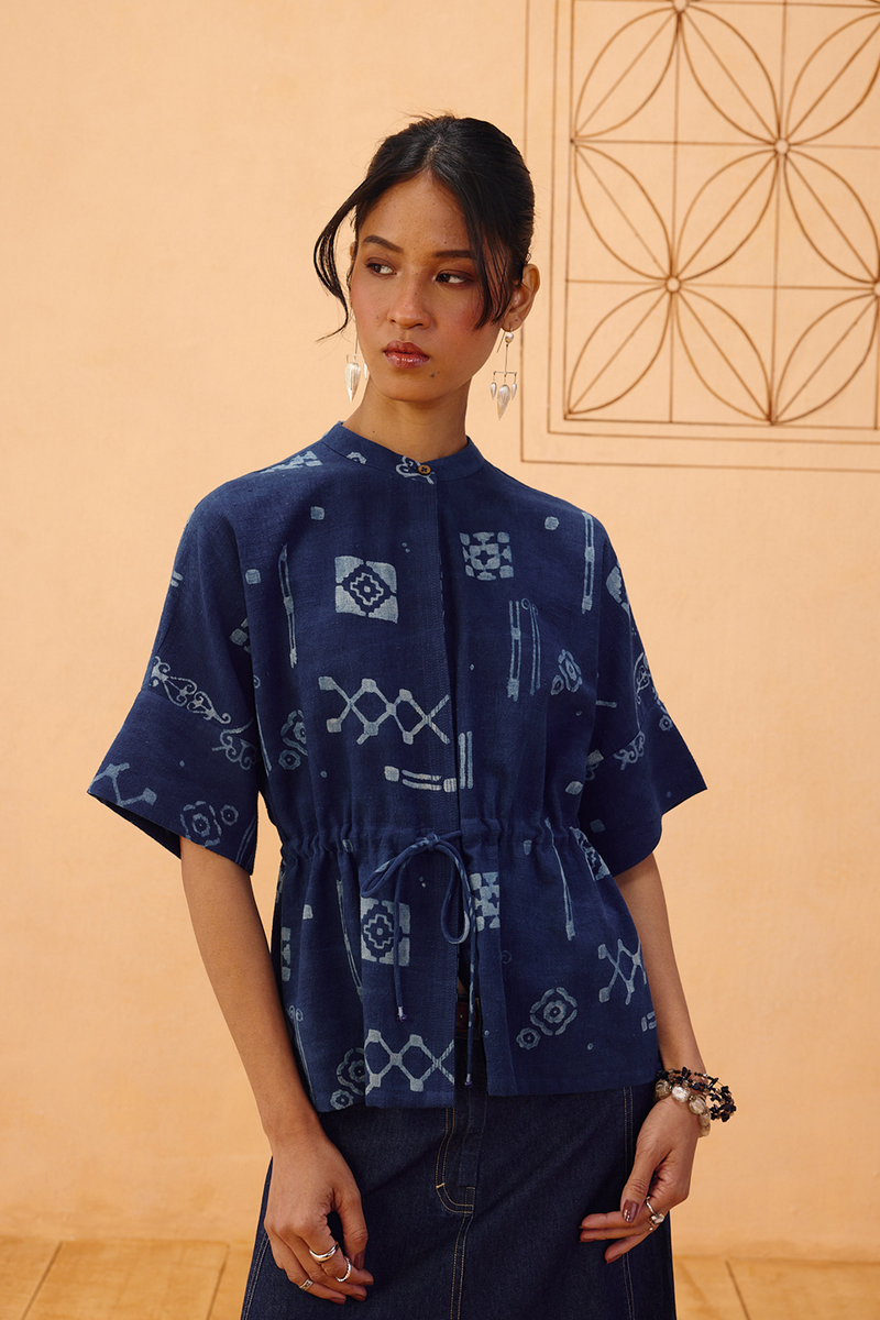 Rooted Beginnings Kala Cotton Peplum Top handwoven kala cotton top/shirt by SUI in indigo for women Worldwide