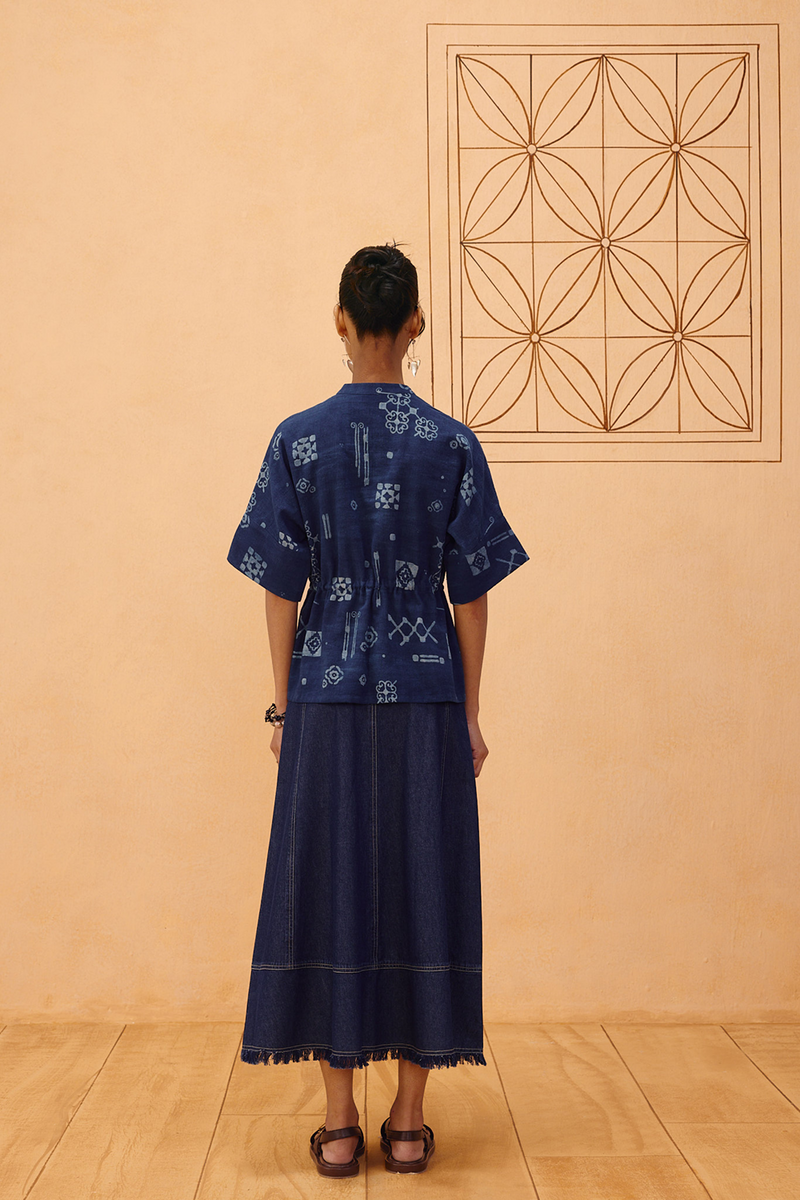 Rooted Beginnings Kala Cotton Peplum Top handwoven kala cotton top/shirt by SUI in indigo for women Worldwide