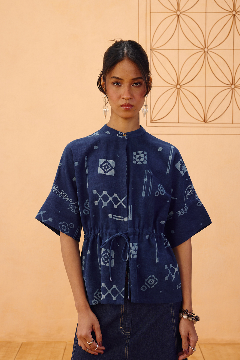 Rooted Beginnings Kala Cotton Peplum Top handwoven kala cotton top/shirt by SUI in indigo for women Worldwide