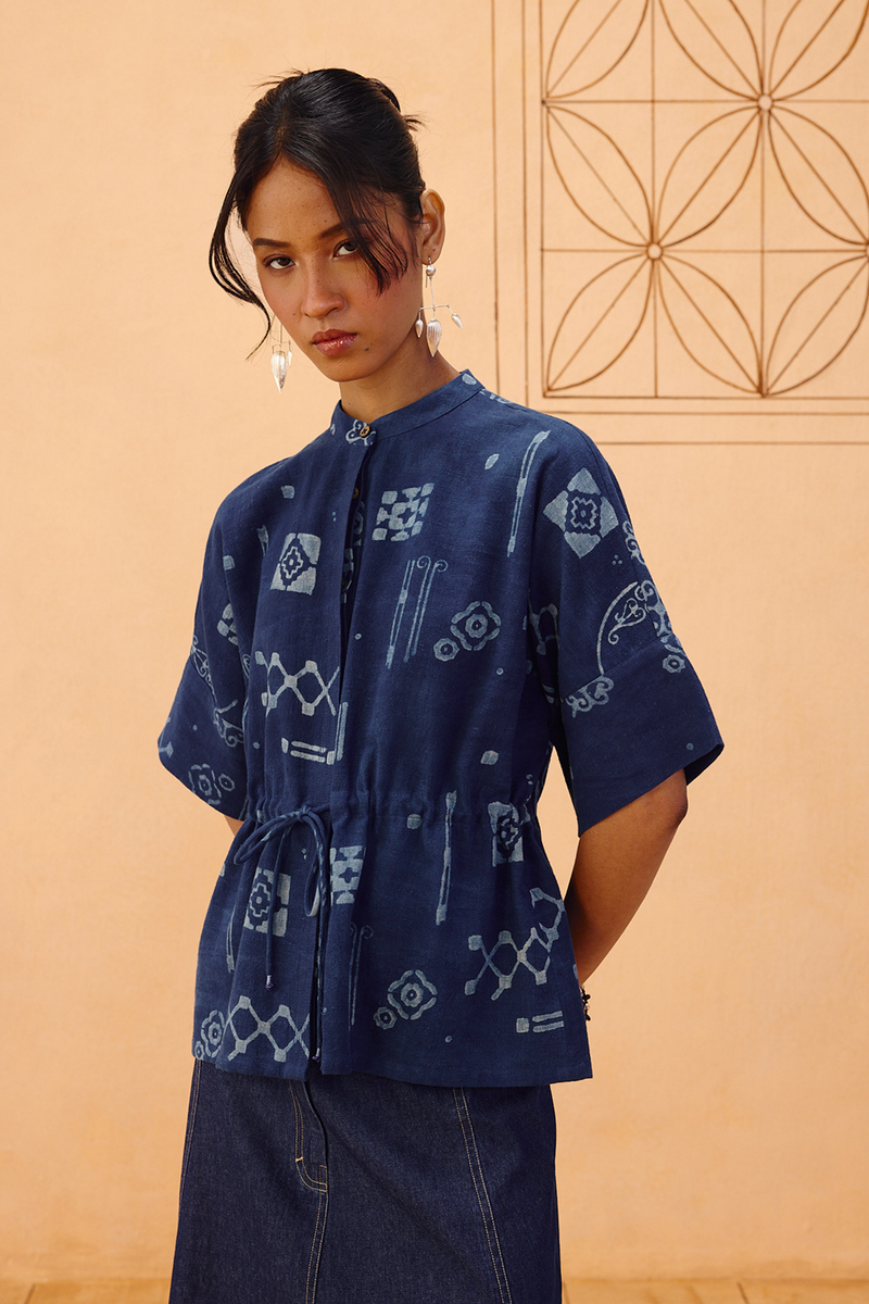 Rooted Beginnings Kala Cotton Peplum Top handwoven kala cotton top/shirt by SUI in indigo for women Worldwide