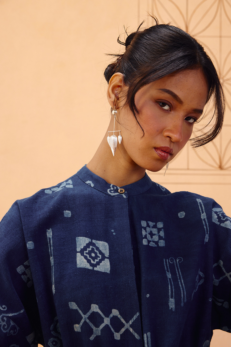 Rooted Beginnings Kala Cotton Peplum Top handwoven kala cotton top/shirt by SUI in indigo for women Worldwide
