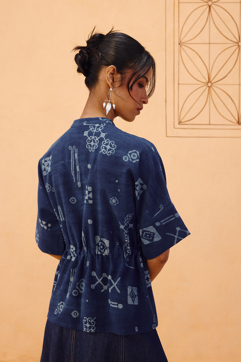 Rooted Beginnings Kala Cotton Peplum Top handwoven kala cotton top/shirt by SUI in indigo for women Worldwide