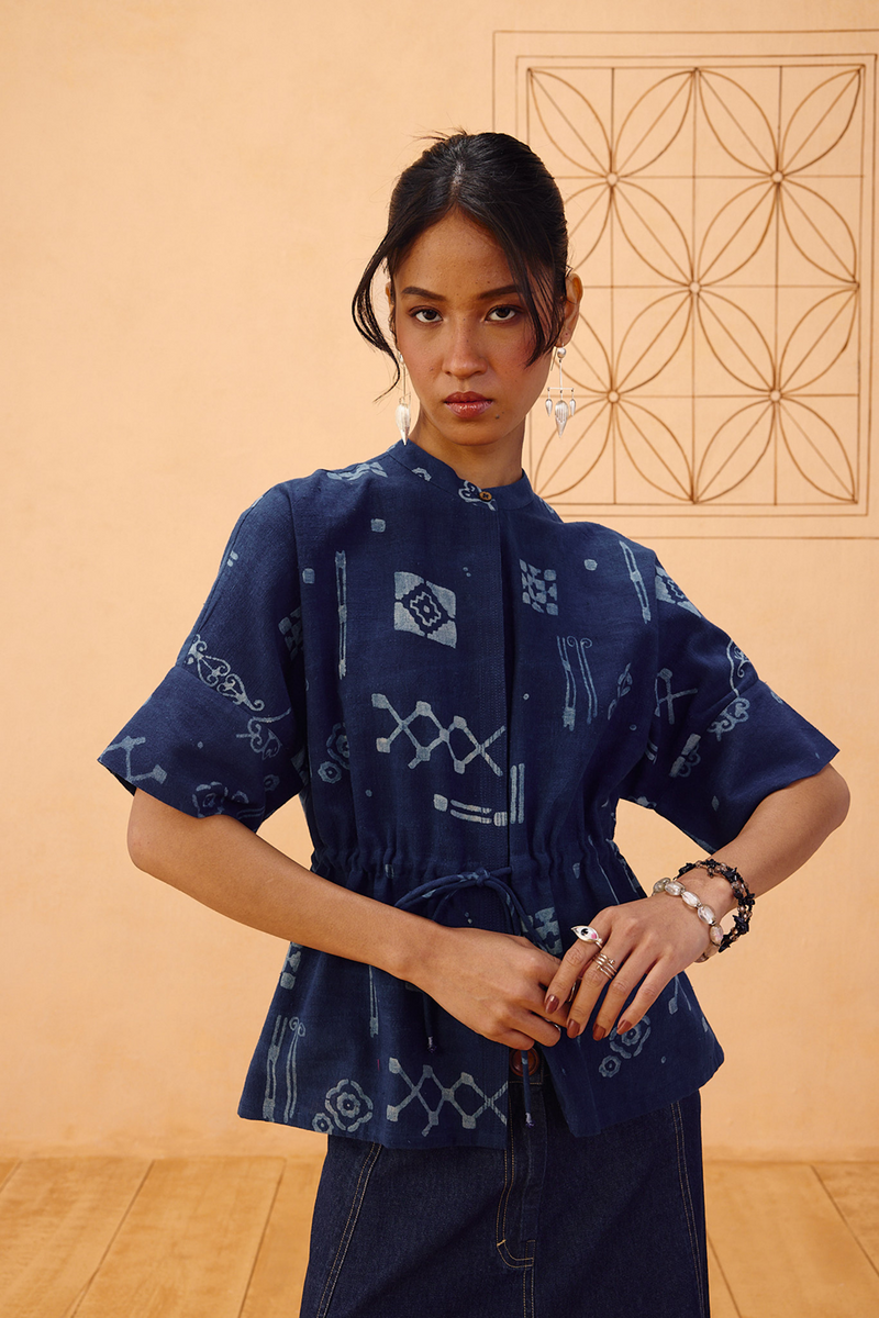 Rooted Beginnings Kala Cotton Peplum Top handwoven kala cotton top/shirt by SUI in indigo for women Worldwide