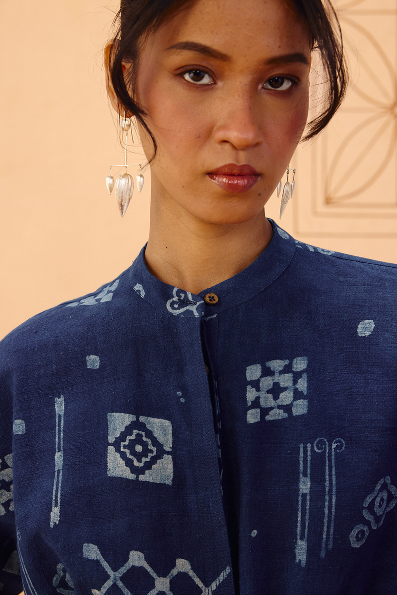 Rooted Beginnings Kala Cotton Peplum Top handwoven kala cotton top/shirt by SUI in indigo for women Worldwide