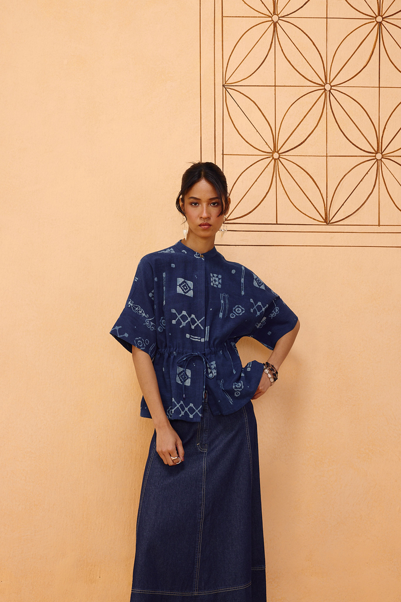 Rooted Beginnings Kala Cotton Peplum Top handwoven kala cotton top/shirt by SUI in indigo for women Worldwide