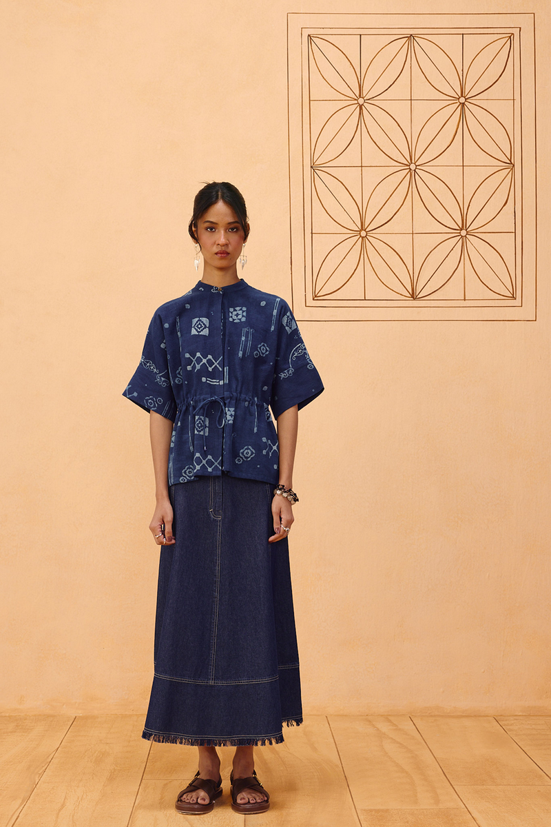 Rooted Beginnings Kala Cotton Peplum Top handwoven kala cotton top/shirt by SUI in indigo for women Worldwide