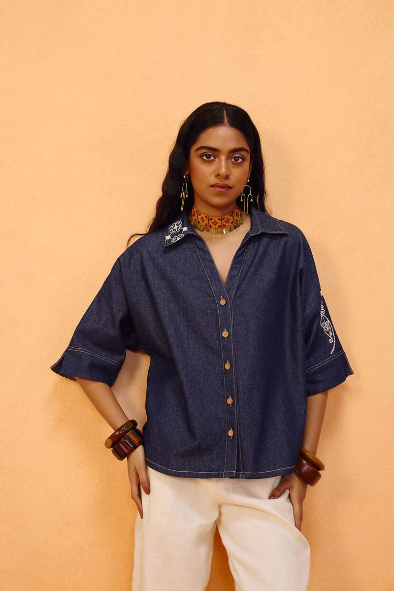 Rooted Sustainable Denim Shirt denim top/shirt by SUI in blue for women Worldwide