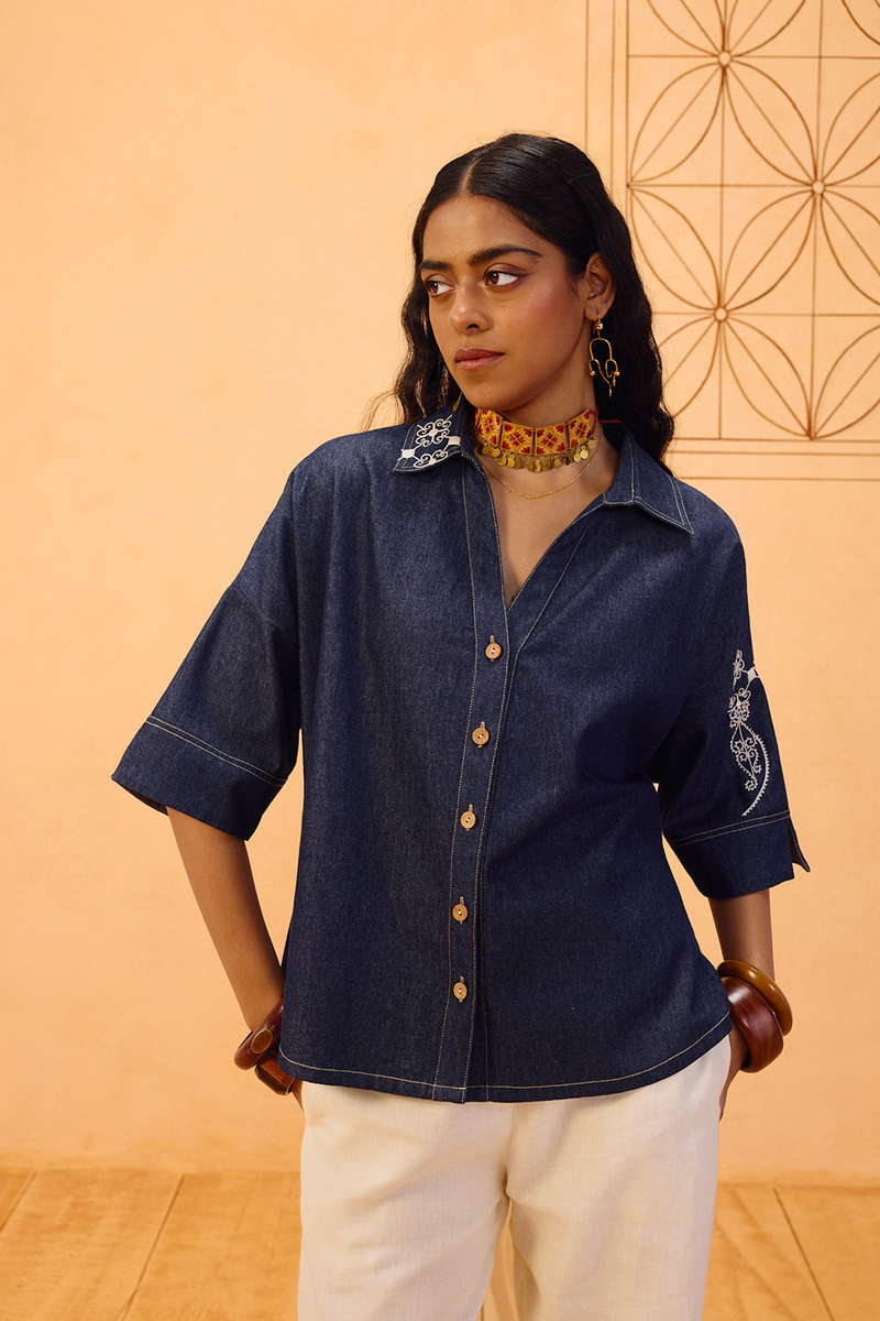 Rooted Sustainable Denim Shirt denim top/shirt by SUI in blue for women Worldwide
