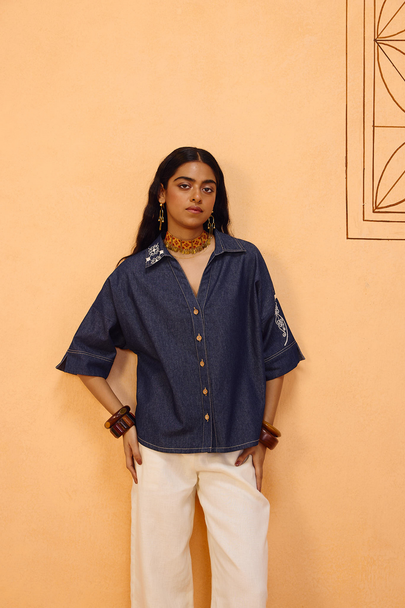 Rooted Sustainable Denim Shirt denim top/shirt by SUI in blue for women Worldwide