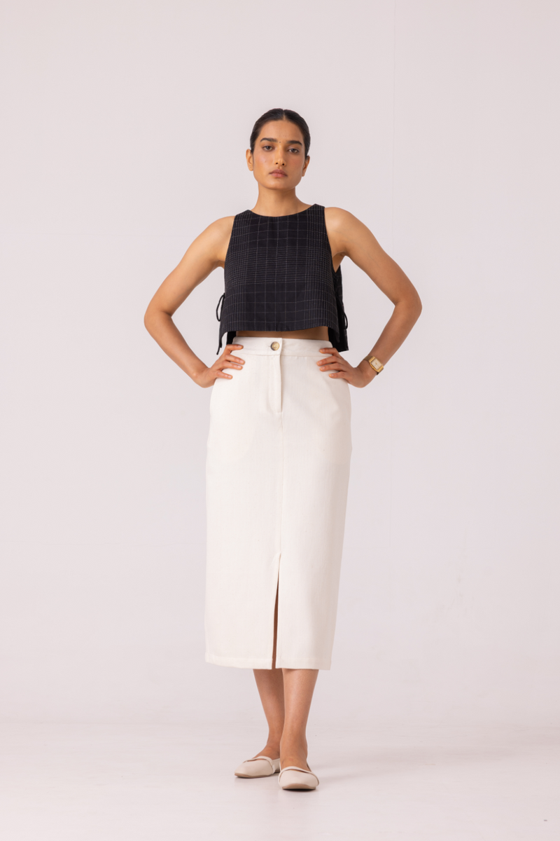 Roxanne Off White Handwoven Denim Skirt khadi denim by The Summer House for women Worldwide
