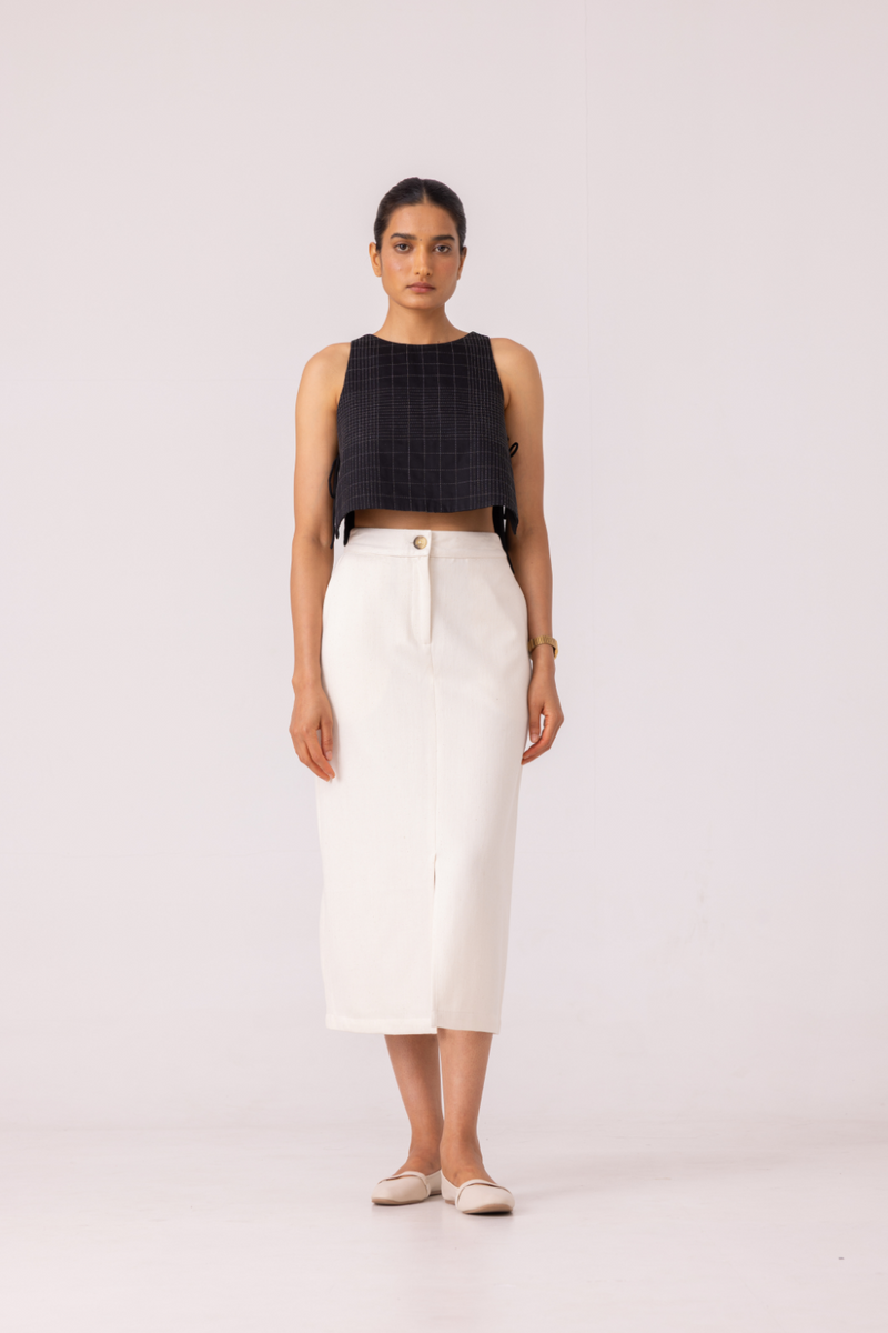 Roxanne Off White Handwoven Denim Skirt khadi denim by The Summer House for women Worldwide