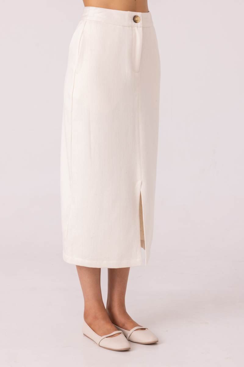 Roxanne Off White Handwoven Denim Skirt khadi denim by The Summer House for women Worldwide