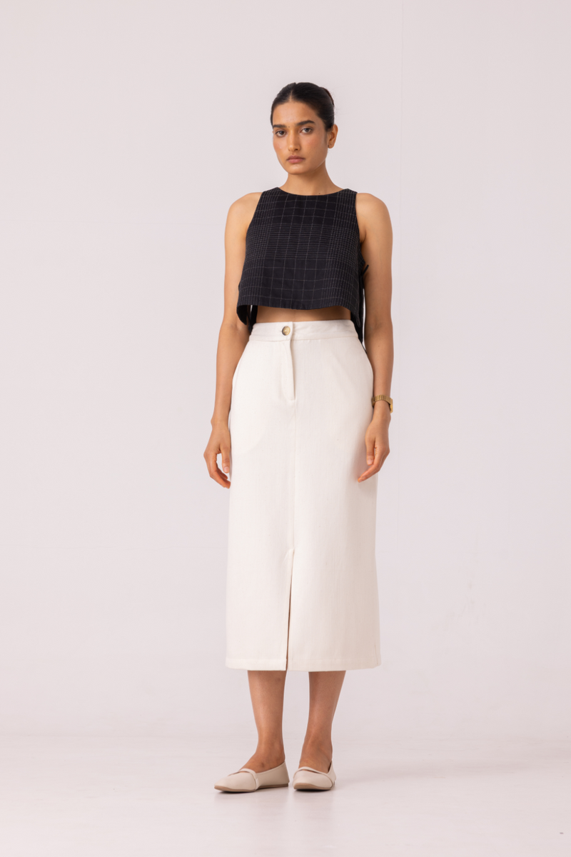 Roxanne Off White Handwoven Denim Skirt khadi denim by The Summer House for women Worldwide