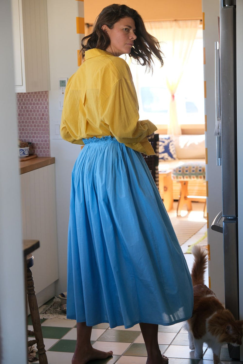 Ruffle Waist Skirt — Sky Blue fine muslin cotton skirt by World of Crow in blue for women Worldwide