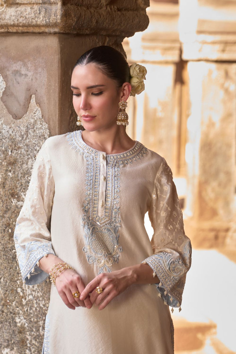 RUHI - DAISY IVORY WITH BLUE SHORT KURTA AND DHOTI silk chanderi kurta/kurta set by SHEETAL BATRA in daisy ivory with blue for women Worldwide