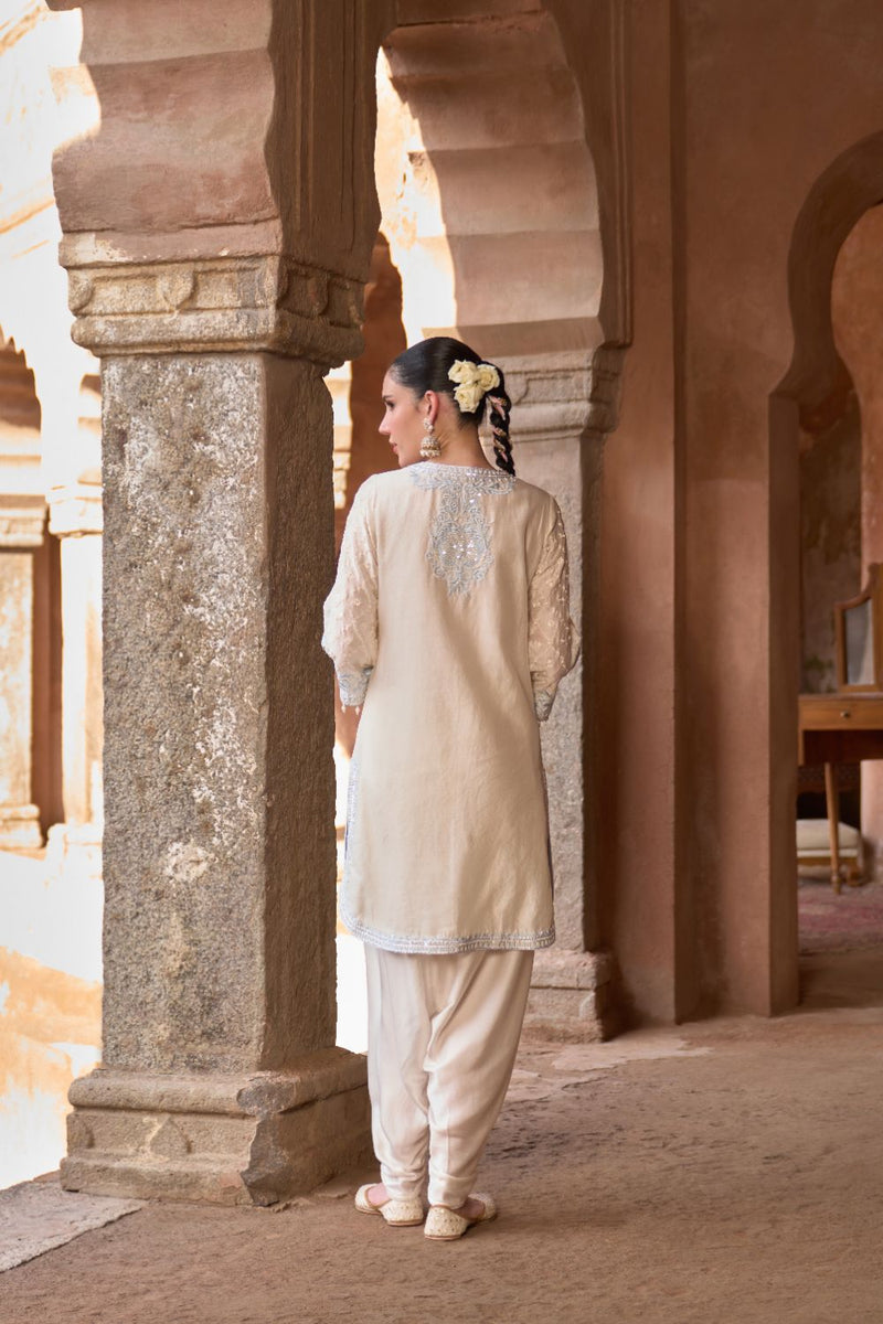 RUHI - DAISY IVORY WITH BLUE SHORT KURTA AND DHOTI silk chanderi kurta/kurta set by SHEETAL BATRA in daisy ivory with blue for women Worldwide