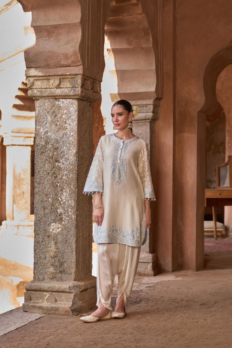 RUHI - DAISY IVORY WITH BLUE SHORT KURTA AND DHOTI silk chanderi kurta/kurta set by SHEETAL BATRA in daisy ivory with blue for women Worldwide