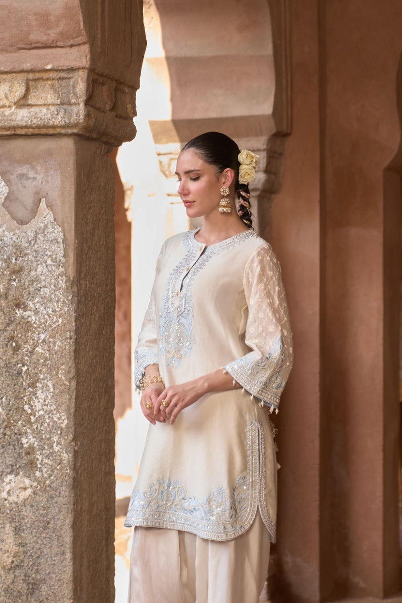 RUHI - DAISY IVORY WITH BLUE SHORT KURTA AND DHOTI silk chanderi kurta/kurta set by SHEETAL BATRA in daisy ivory with blue for women Worldwide