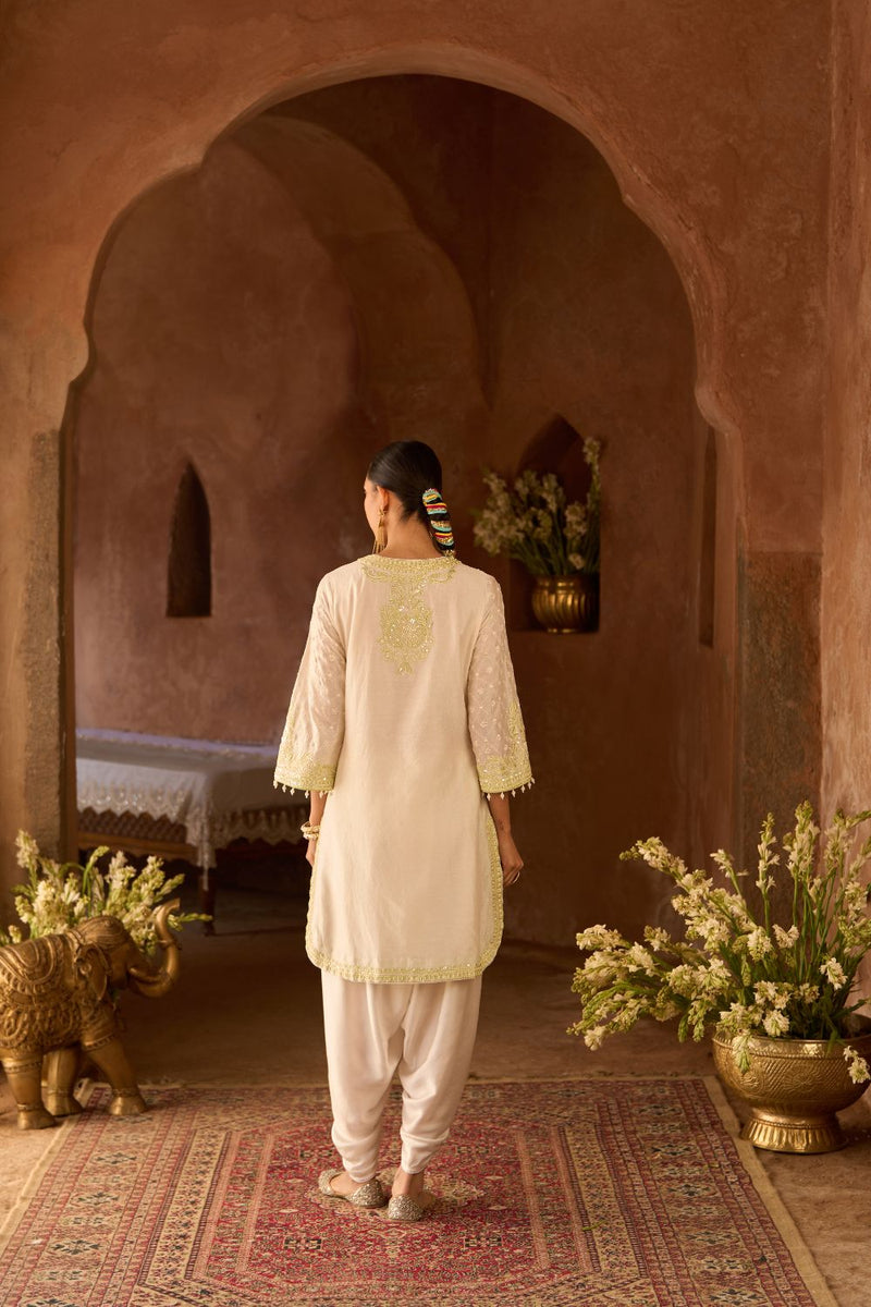 RUHI - DAISY IVORY WITH MINT GREEN SHORT KURTA AND DHOTI silk chanderi kurta/kurta set by SHEETAL BATRA in daisy ivory with mint green for women Worldwide