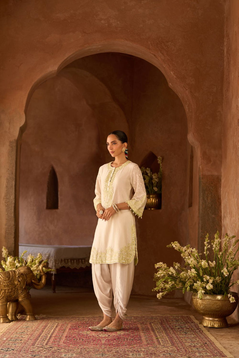 RUHI - DAISY IVORY WITH MINT GREEN SHORT KURTA AND DHOTI silk chanderi kurta/kurta set by SHEETAL BATRA in daisy ivory with mint green for women Worldwide