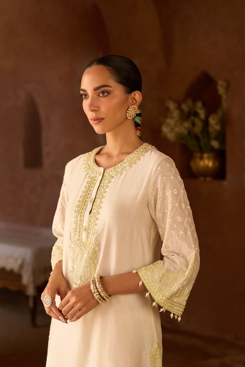 RUHI - DAISY IVORY WITH MINT GREEN SHORT KURTA AND DHOTI silk chanderi kurta/kurta set by SHEETAL BATRA in daisy ivory with mint green for women Worldwide