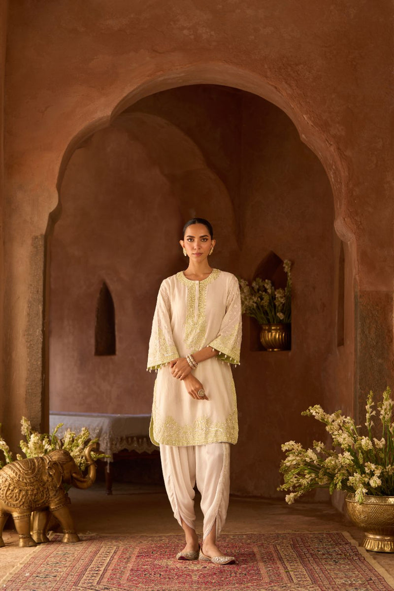 RUHI - DAISY IVORY WITH MINT GREEN SHORT KURTA AND DHOTI silk chanderi kurta/kurta set by SHEETAL BATRA in daisy ivory with mint green for women Worldwide