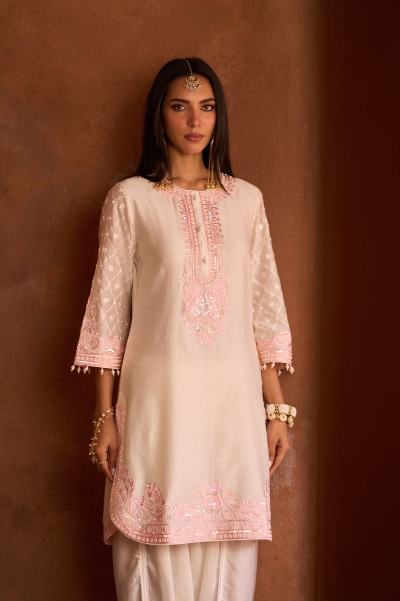 RUHI - DAISY IVORY WITH PINK SHORT KURTA AND DHOTI silk chanderi kurta/kurta set by SHEETAL BATRA in daisy ivory with pink for women Worldwide