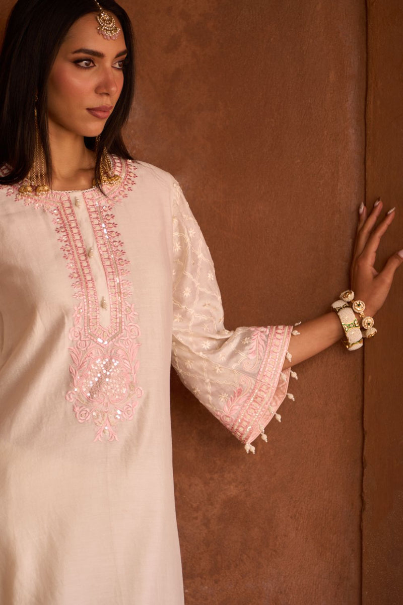 RUHI - DAISY IVORY WITH PINK SHORT KURTA AND DHOTI silk chanderi kurta/kurta set by SHEETAL BATRA in daisy ivory with pink for women Worldwide