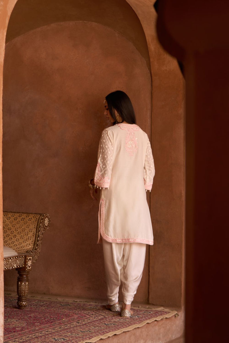 RUHI - DAISY IVORY WITH PINK SHORT KURTA AND DHOTI silk chanderi kurta/kurta set by SHEETAL BATRA in daisy ivory with pink for women Worldwide