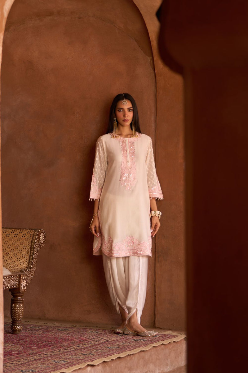 RUHI - DAISY IVORY WITH PINK SHORT KURTA AND DHOTI silk chanderi kurta/kurta set by SHEETAL BATRA in daisy ivory with pink for women Worldwide