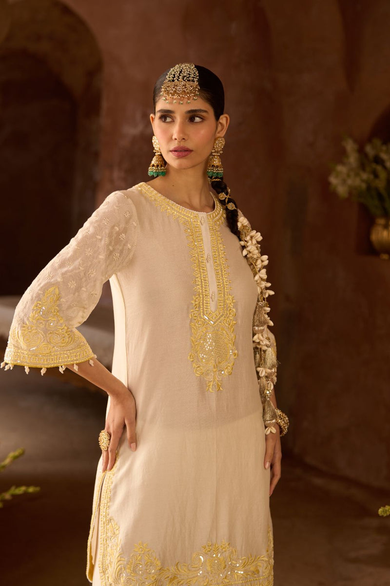 RUHI - DAISY IVORY WITH LEMON YELLOW SHORT KURTA AND DHOTI silk chanderi kurta/kurta set by SHEETAL BATRA in daisy ivory with lemon yellow for women Worldwide