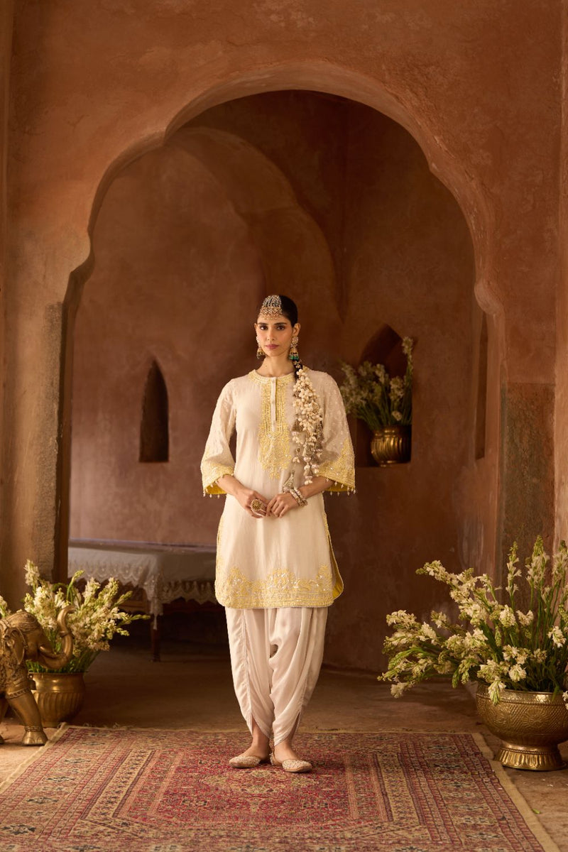 RUHI - DAISY IVORY WITH LEMON YELLOW SHORT KURTA AND DHOTI silk chanderi kurta/kurta set by SHEETAL BATRA in daisy ivory with lemon yellow for women Worldwide