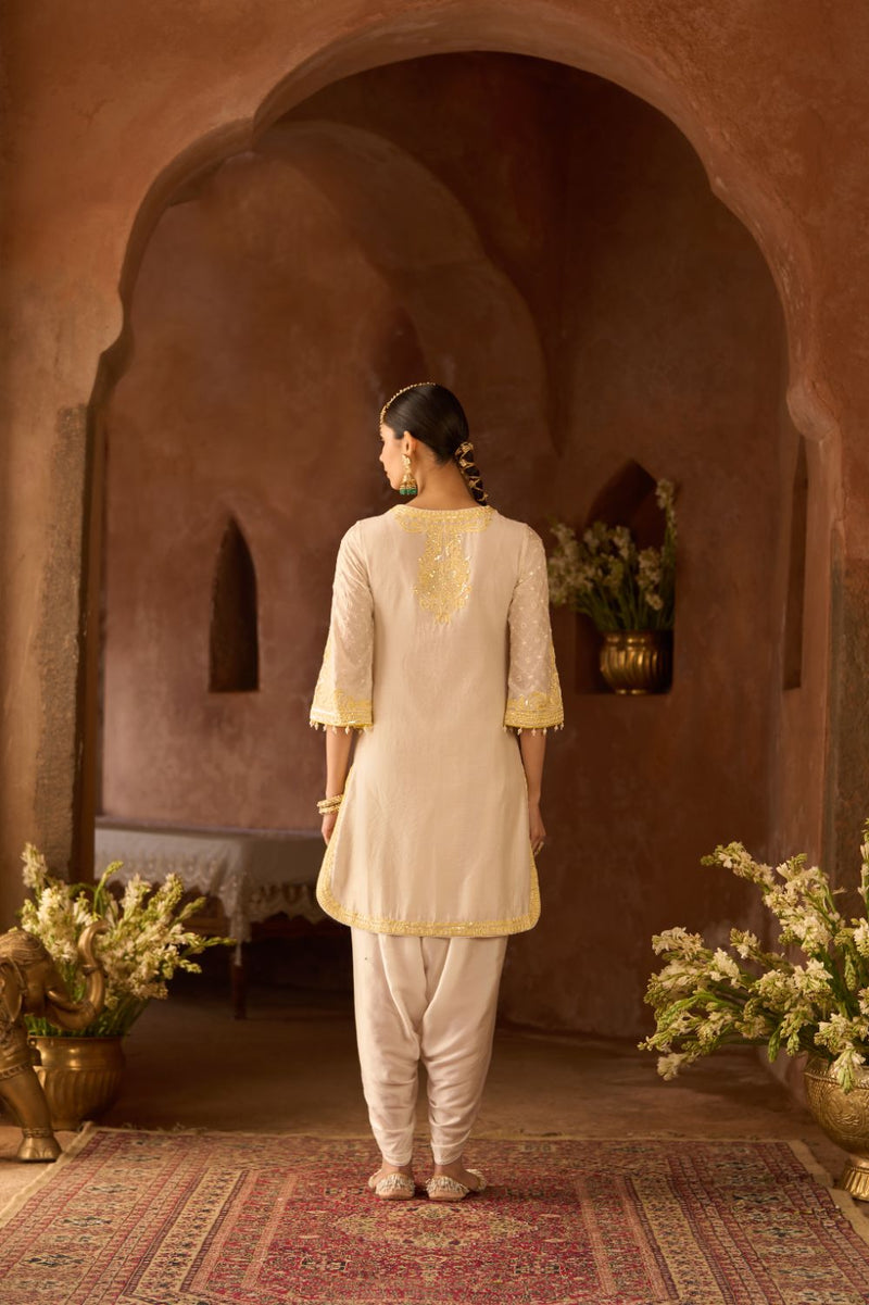 RUHI - DAISY IVORY WITH LEMON YELLOW SHORT KURTA AND DHOTI silk chanderi kurta/kurta set by SHEETAL BATRA in daisy ivory with lemon yellow for women Worldwide