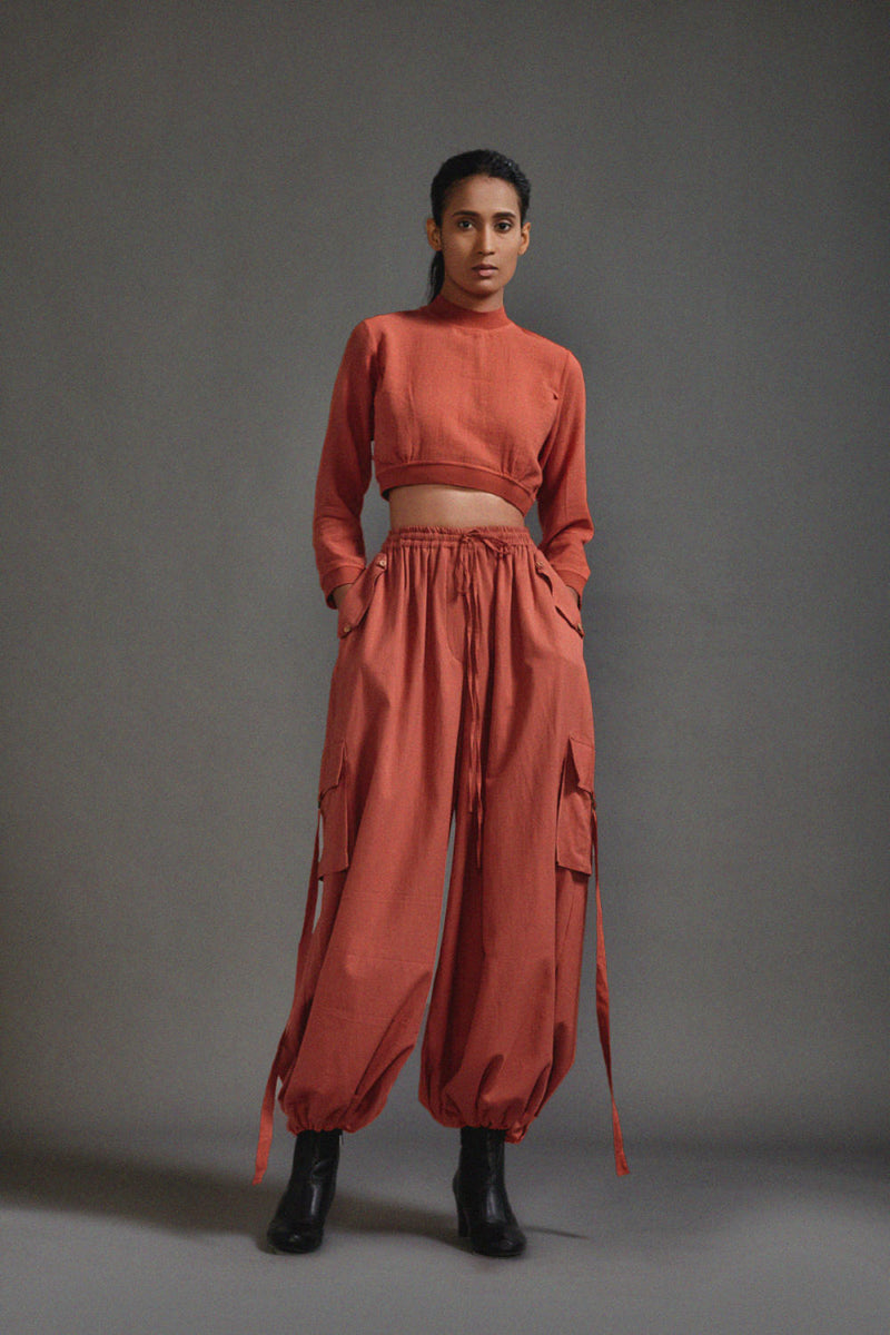 Rust Crop Top and Cargo Set cotton by Mati in rust color for women Worldwide