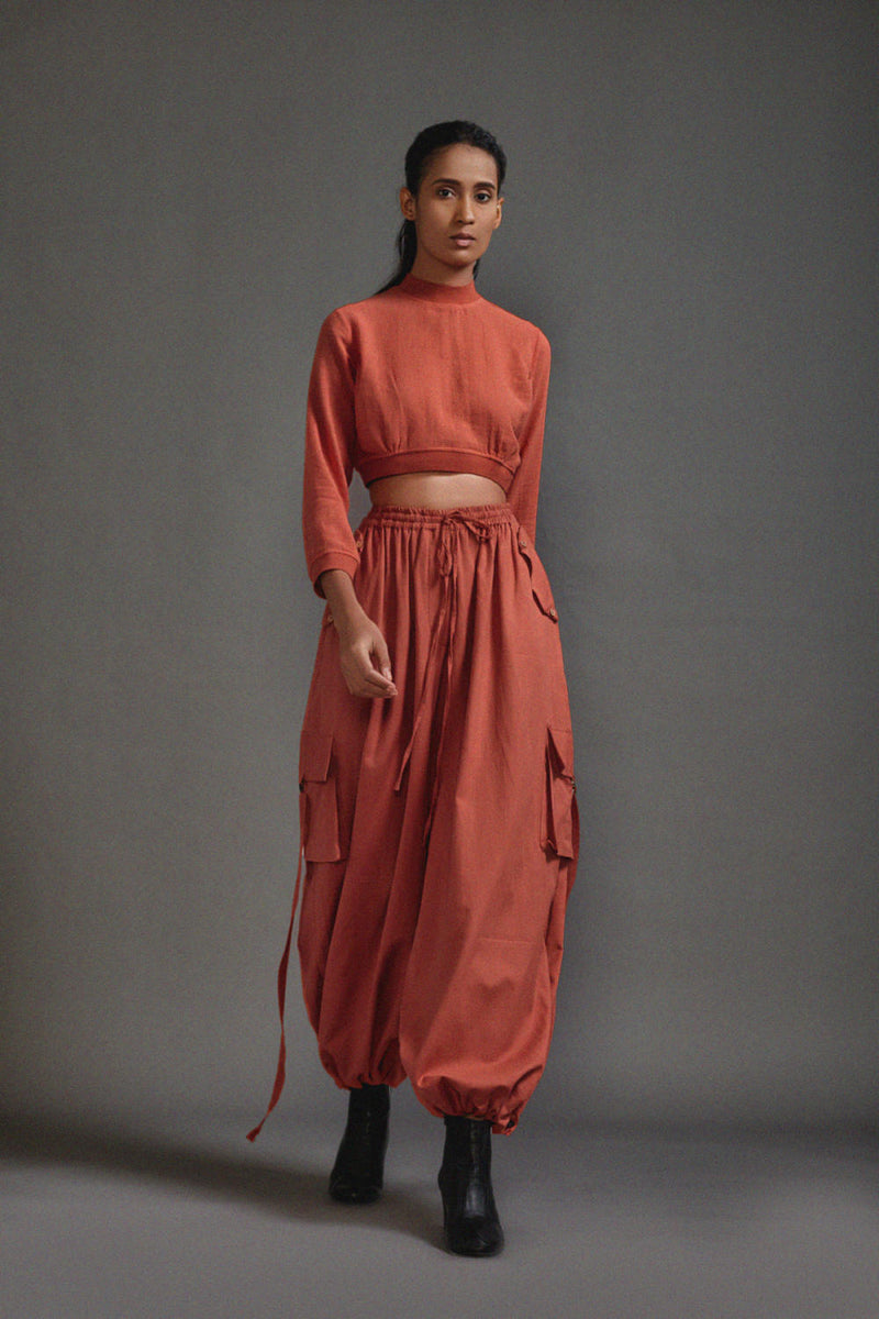 Rust Crop Top and Cargo Set cotton by Mati in rust color for women Worldwide