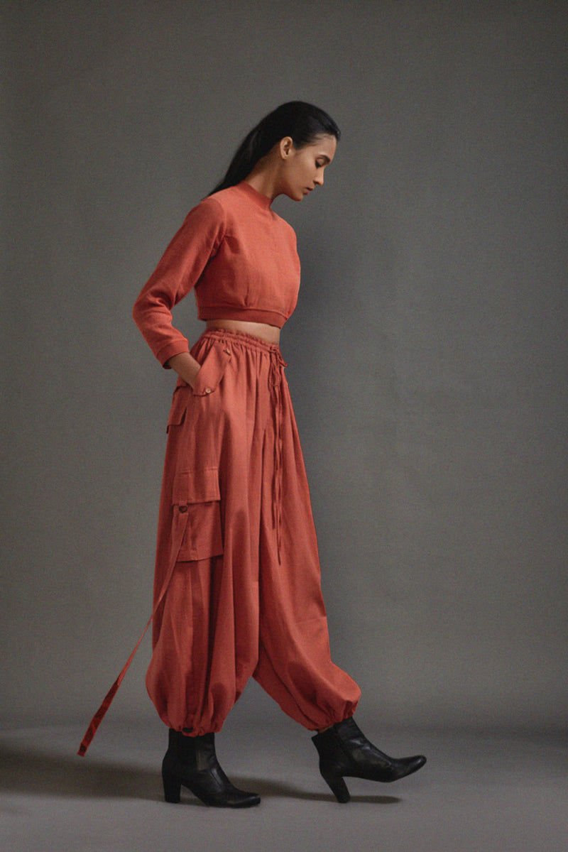 Rust Crop Top and Cargo Set cotton by Mati in rust color for women Worldwide