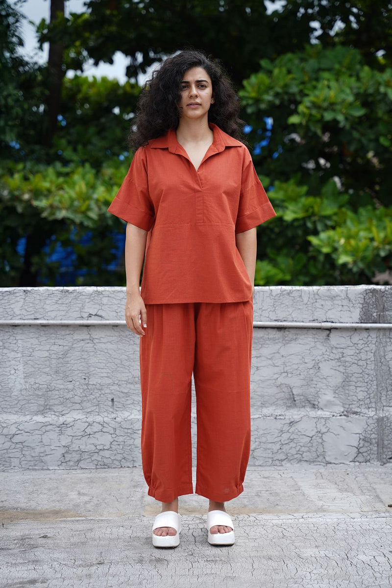 Rust Ekin Shirt & Hera Cotton Co-Ord Set (2 PCS) cotton by Mati in rust color for women Worldwide