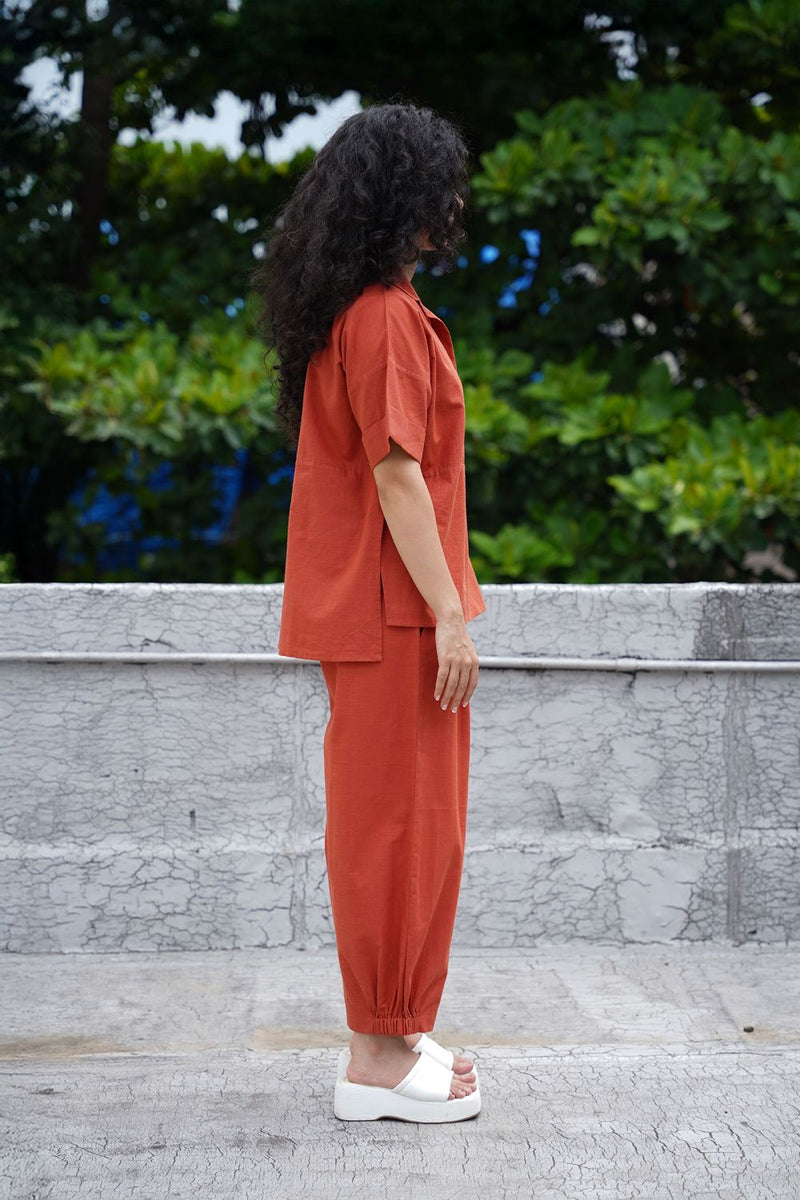 Rust Ekin Shirt & Hera Cotton Co-Ord Set (2 PCS) cotton by Mati in rust color for women Worldwide