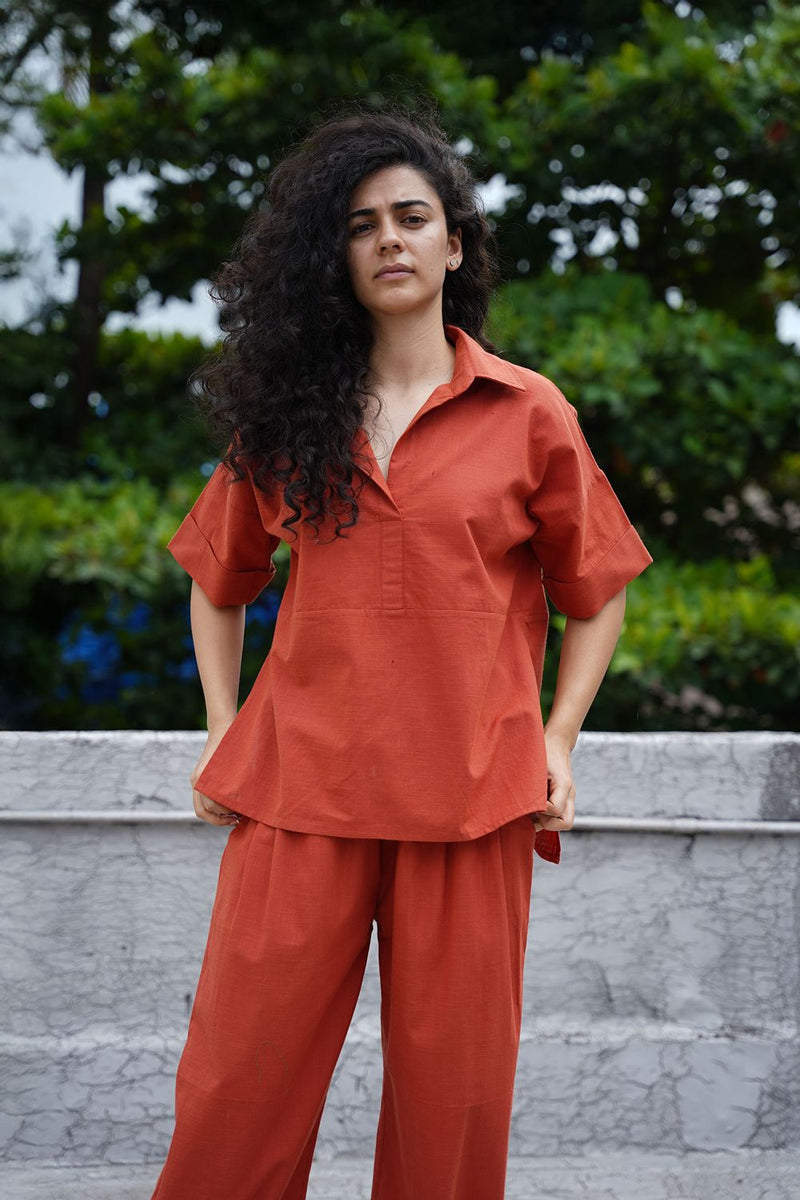 Rust Ekin Shirt & Hera Cotton Co-Ord Set (2 PCS) cotton by Mati in rust color for women Worldwide