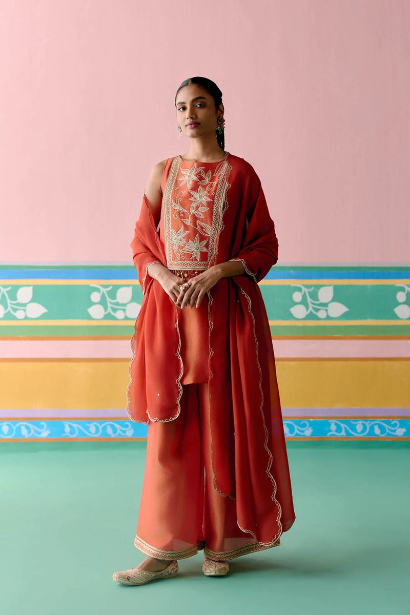 Rust Embroidered Sleeveless Kurta Set tissue by Label Mogra in rust color for women Worldwide