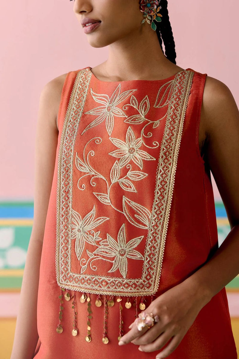 Rust Embroidered Sleeveless Kurta Set tissue by Label Mogra in rust color for women Worldwide