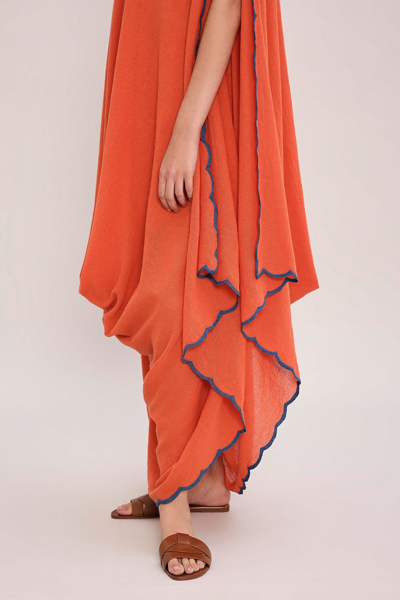 Rust Ribbed Scallop Cowl Dress cotton by Mati in rust color for women Worldwide