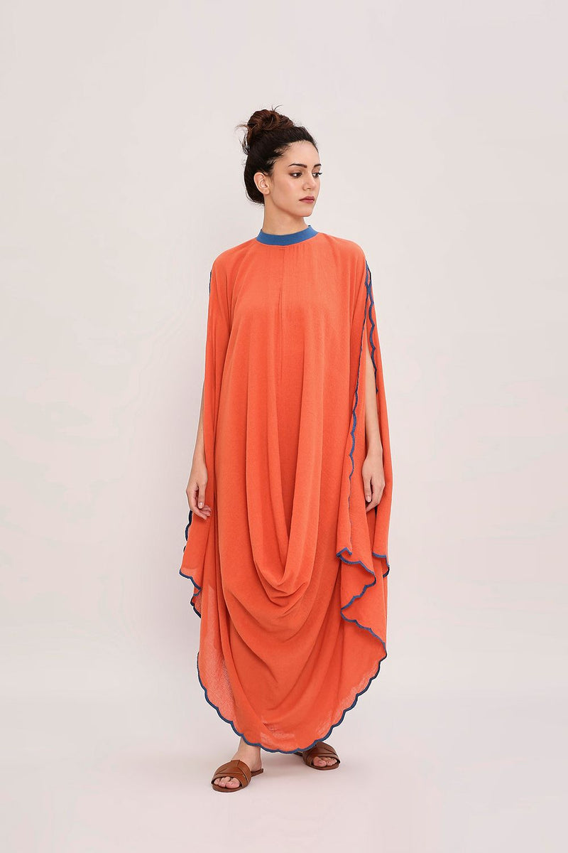 Rust Ribbed Scallop Cowl Dress cotton by Mati in rust color for women Worldwide