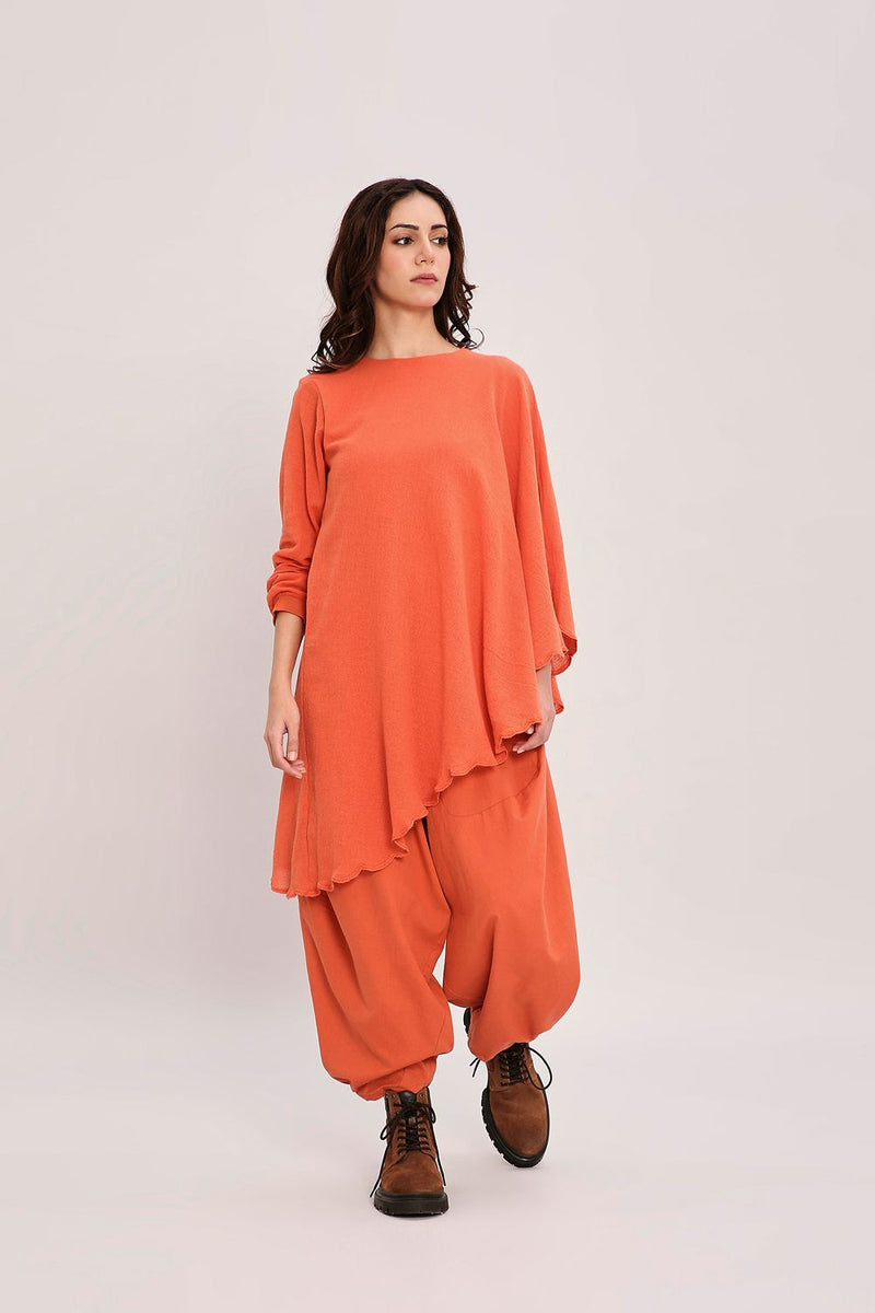 Rust Ribbed Scallop Tunic Set (2 PCS) cotton by Mati in rust color for women Worldwide