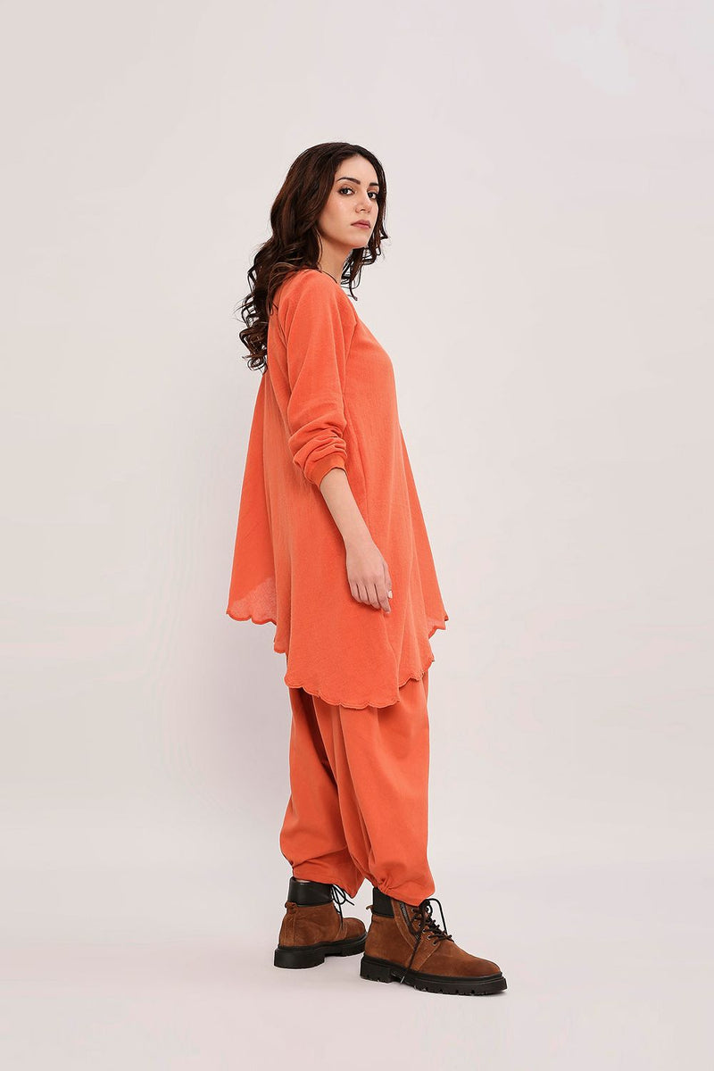Rust Ribbed Scallop Tunic Set (2 PCS) cotton by Mati in rust color for women Worldwide